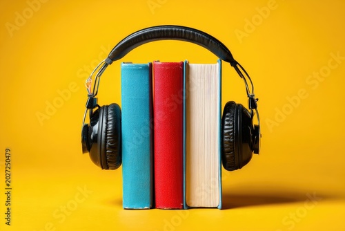 Headphones rest on three colorful books, yellow background, audiobook concept