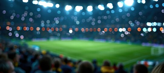 Football stadium at night with blurred pitch and glowing lights