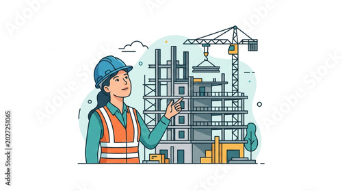 Photos Woman construction worker overseeing building development with crane
