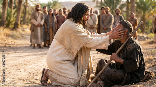 Jesus healing the blind man, gentle scene on road near Jericho, biblical moment, medium shot. A gentle scene of gentleness, with Jesus healing the blind man, a classic biblical scene on the road near 