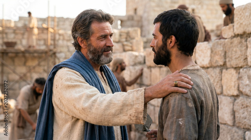 Biblical characters expressing encouragement in an ancient setting
