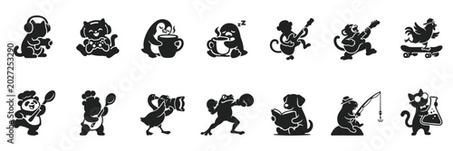 Canvas Print Funny Animal Silhouette Vector Set with Cute Cartoon Mascot Characters Playing M