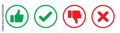 Tableau sur toile Positive and negative feedback icons including thumbs up, check mark, thumbs down, and cross symbols