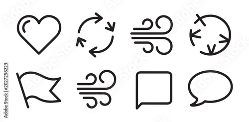 Fotografie Collection of modern line icons including heart, arrows, wind, flag, and speech bubble, vector set