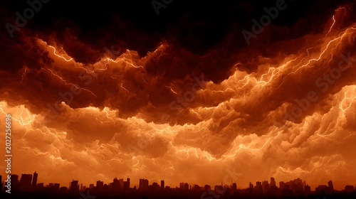 Dramatic orange lightning storm clouds over a dark city skyline at night with intense weather