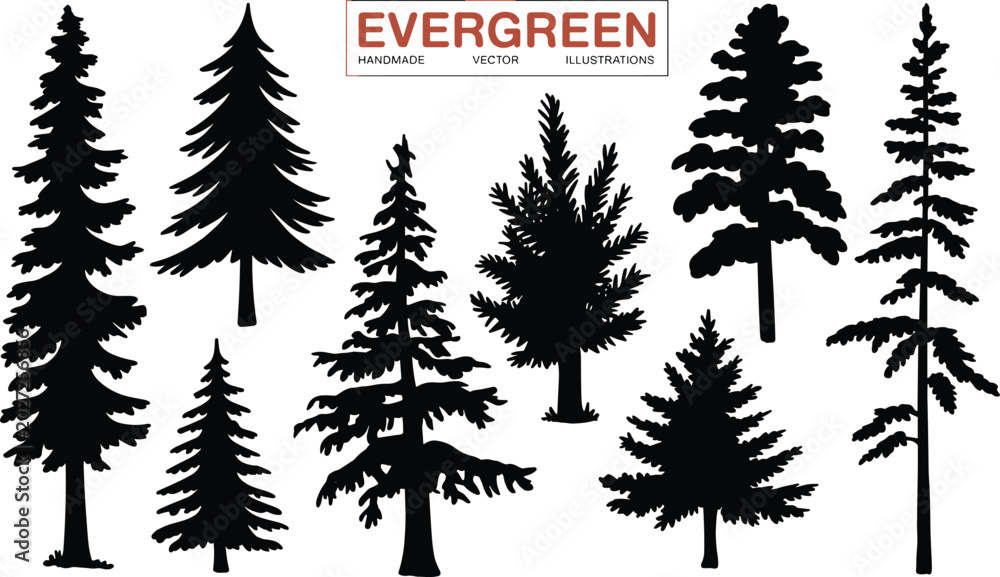Obraz premium Set of black evergreen tree silhouettes, coniferous pine and spruce forest vector icons, handmade botanical illustrations, winter nature design elements.