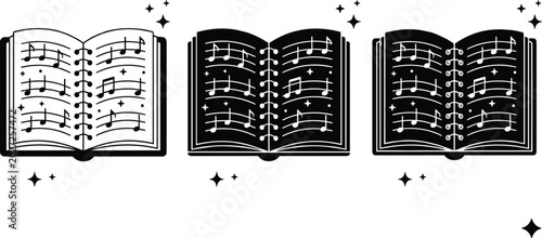 Εκτύπωση καμβά Open Music Notebook and Sheet Music Icon Set with Musical Notes and Stars for So