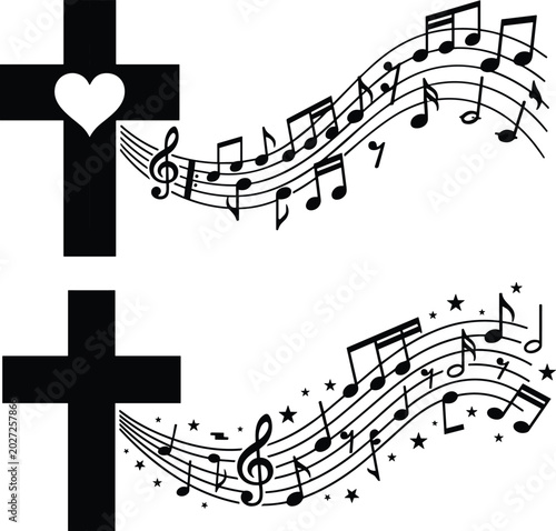 Obraz na plátně Christian Cross with Wavy Music Staff and Notes Set for Church Choir, Gospel Pra