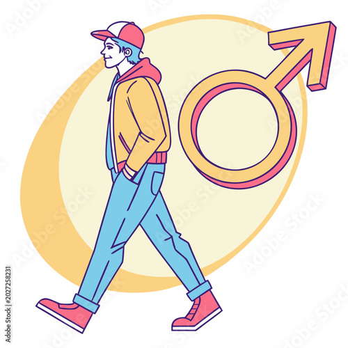 Photos Walking man with male symbol and yellow oval.