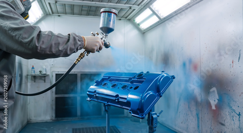 Worker in protective gear using a spray gun to paint an engine valve cover blue. Automotive mechanic working in an industrial paint booth. Auto body shop repair and maintenance