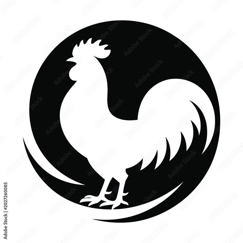 Fototapeta premium Black and white rooster silhouette inside a circular frame