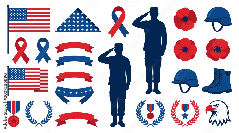 Fototapeta premium Collection of awareness ribbons and military symbols vector icons