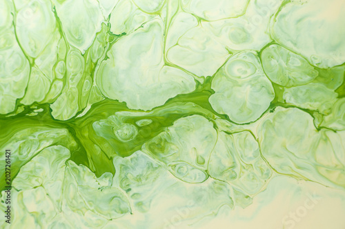 Green abstract design with smooth lines and curves made from paint on a canvas