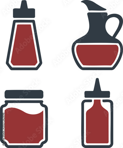 Fotografía Four different types of bottles and jars for sauces and condiments on white back