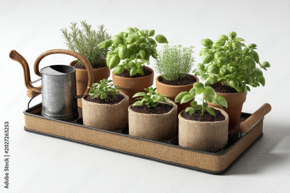 Fototapeta premium Balcony herb garden starter tray with pots and watering can on white background