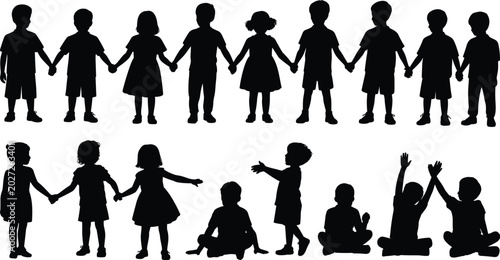 Bild auf Leinwand Silhouette of diverse children holding hands in a row and playing together, symb