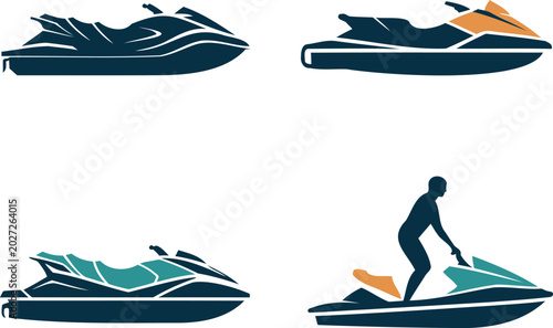 Obraz na płótnie Set of jet ski vehicles and a man riding on water scooter  recreational watercra