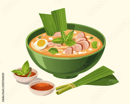 Hot delicious noodle soup bowl with fresh green vegetables and red chili sauce on the side - Vector Illustration