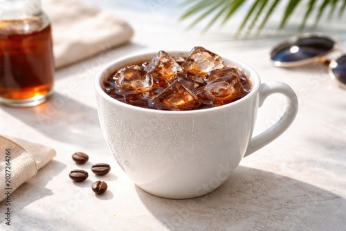 White cup filled with revitalizing cold brew coffee presented on white surface for summer enjoyment