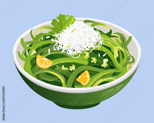 Vibrant green vegetable salad topped with white grated cheese served in porcelain bowl over blue background - Vector Illustration