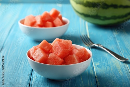 Juicy cubed fruit in bowls with whole fruit and fork on blue wood