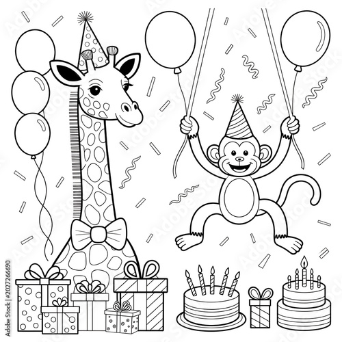 Canvas Print Birthday celebration with giraffe and monkey isolated on transparent background