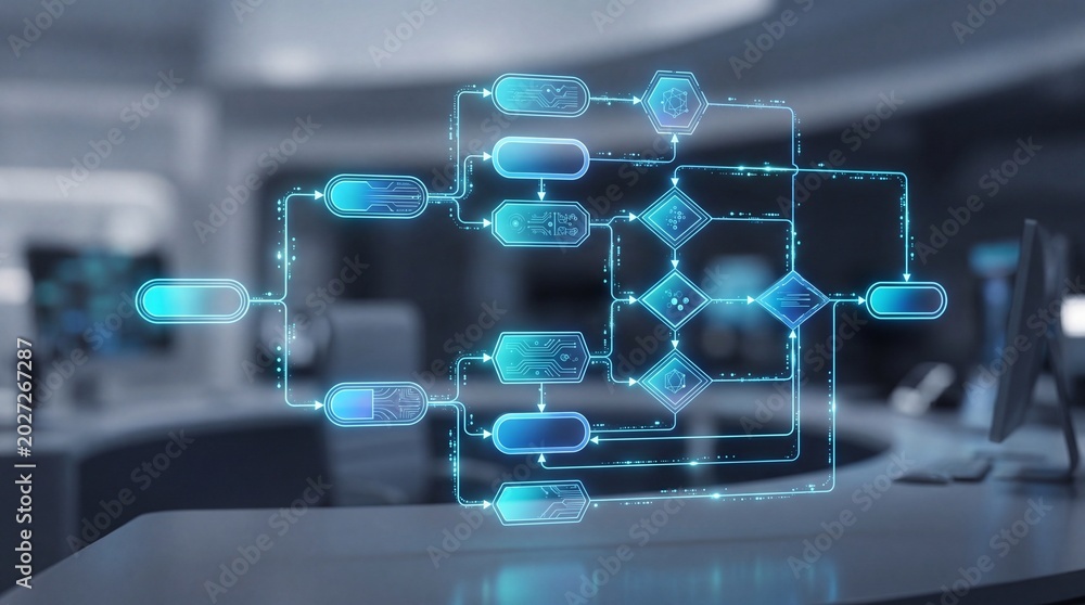 Fototapeta premium Futuristic digital flowchart displayed on a modern workspace interface.