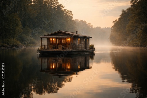Houseboat drifting steadily on a reflective river surface