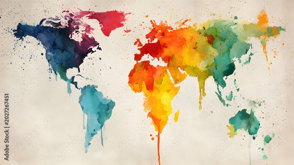 Fototapeta premium Colorful World Map Watercolor Splash