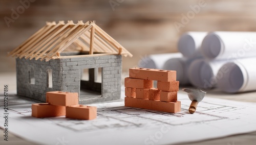 Miniature house model on blueprints with building materials & tools