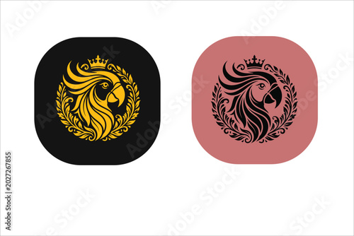 Luxury Royal Parrot Logo Design with Crown and Ornamental Laurel Frame