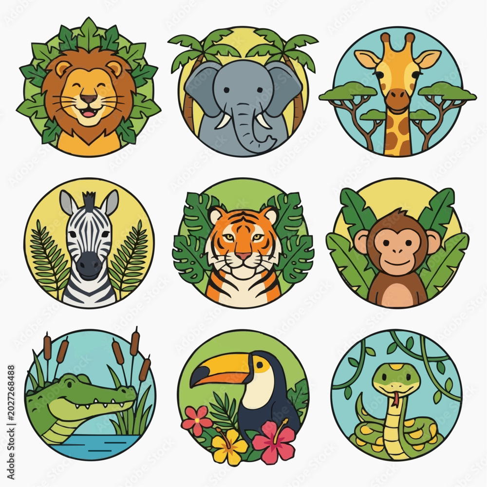 Naklejka premium A vibrant collection of nine circular badges, each depicting a distinct jungle or forest animal's friendly face surrounded by lush green foliage and natural elements.
