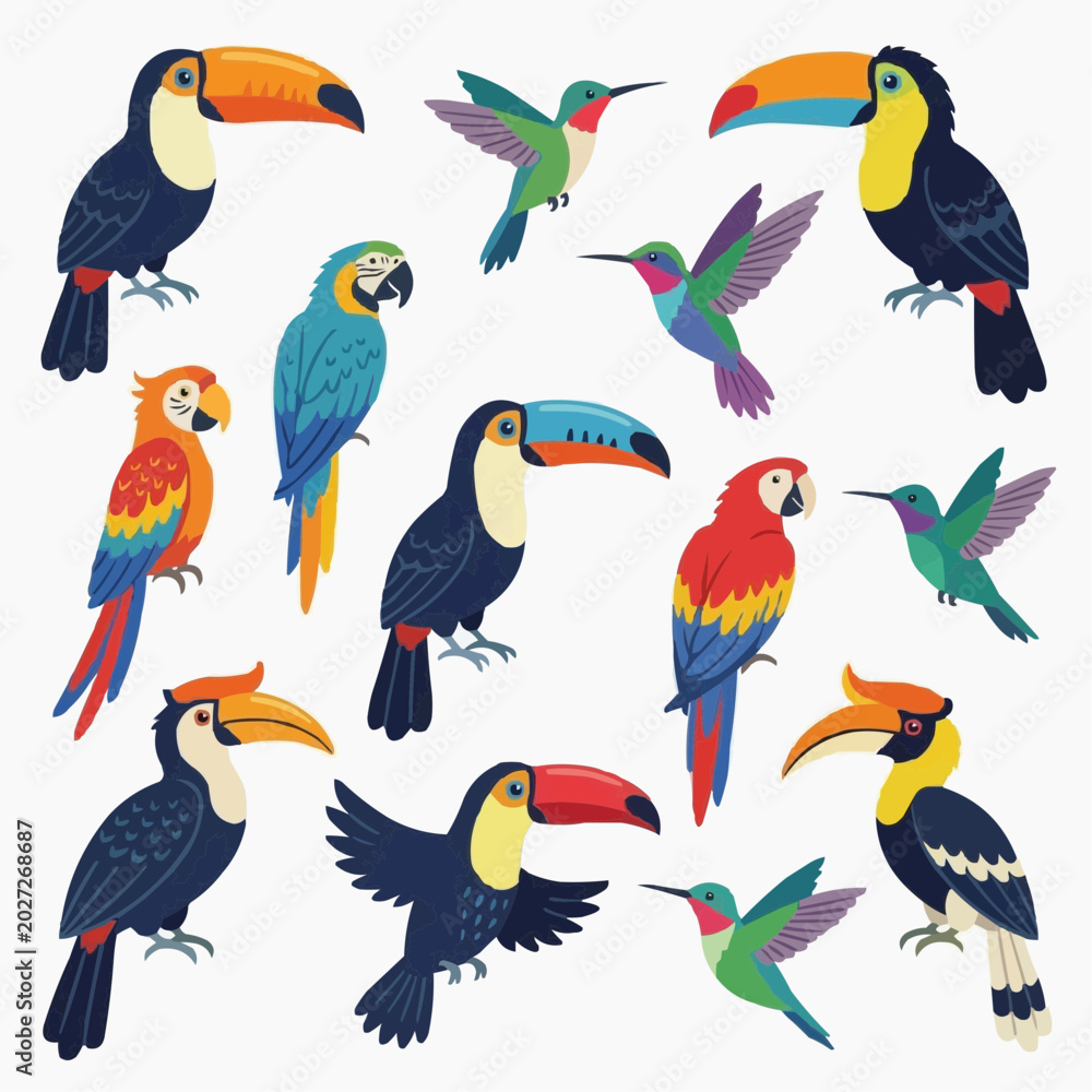 Naklejka premium A vibrant and abundant illustration featuring a diverse array of tropical birds, including colorful toucans, majestic parrots, and delicate hummingbirds in various poses.