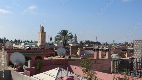 Panoramic view of Marrakech or Marrakesh with the old part of town Medina and minaret, Morocco.