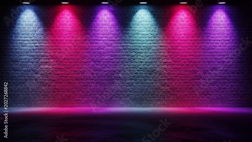 Tableau sur toile Brick wall background illuminated by alternating blue and magenta spotlights cre