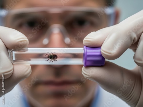Adult male scientist holding laboratory test tube with tick parasite sample for medical research disease analysis and infection study