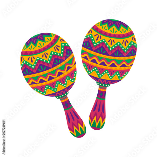 Mexican folk rhythm maracas musical instrument. Mexican carnival maracas, Hispanic culture festival vector maraca with geometric wavy patterns. Cuba folk percussion music instrument isolated object
