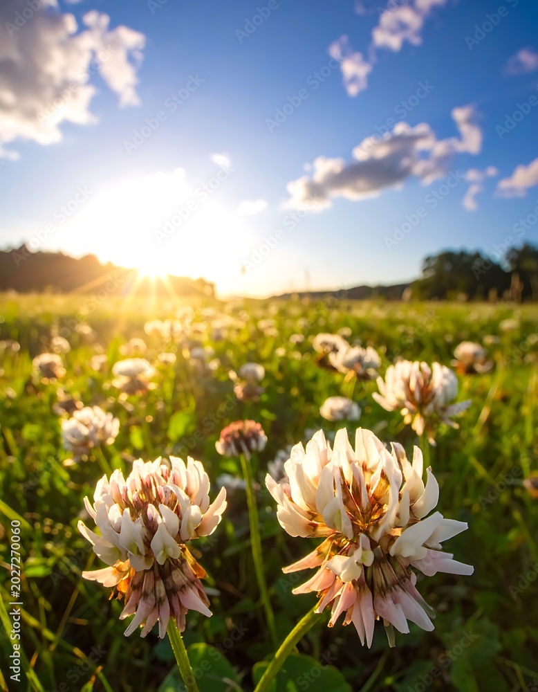 Obraz premium A serene field of white flowers under a blue sky with sunset