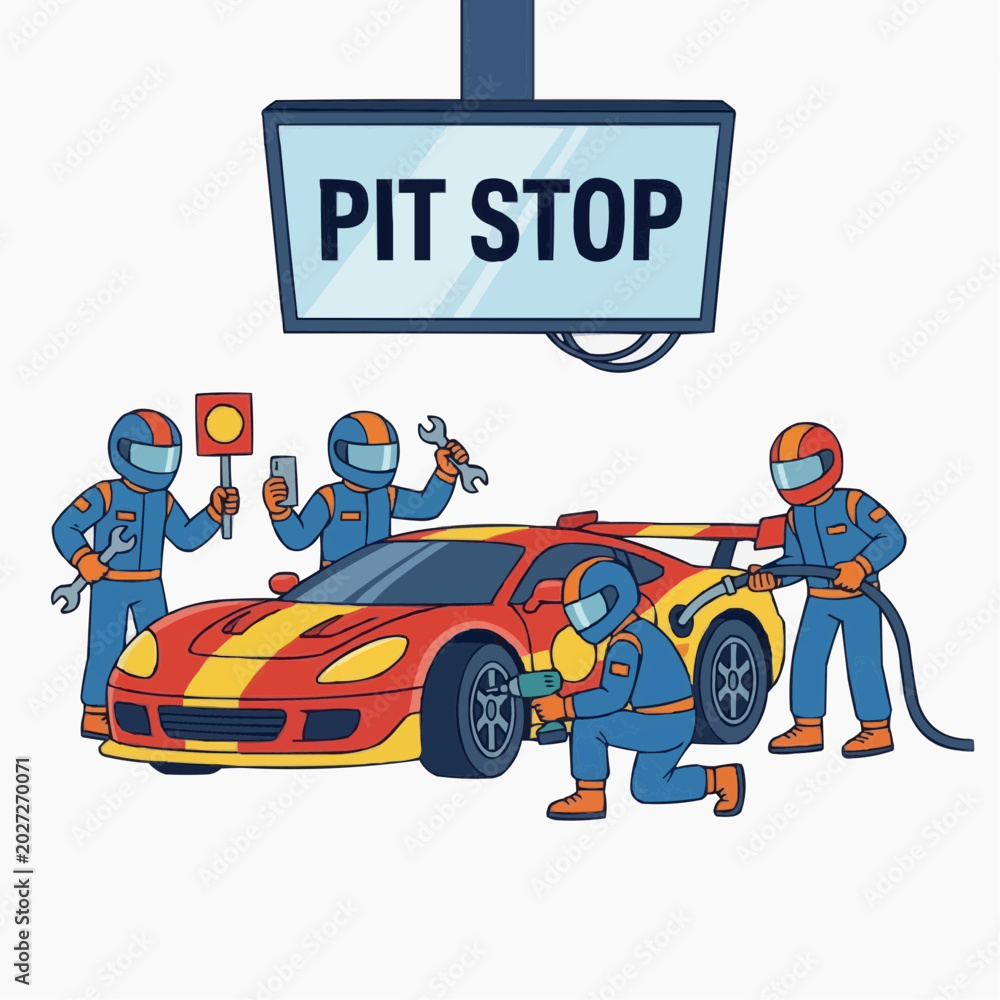 Obraz premium A vibrant cartoon illustration showing a busy race pit stop, with four crew members servicing a red sports car.
