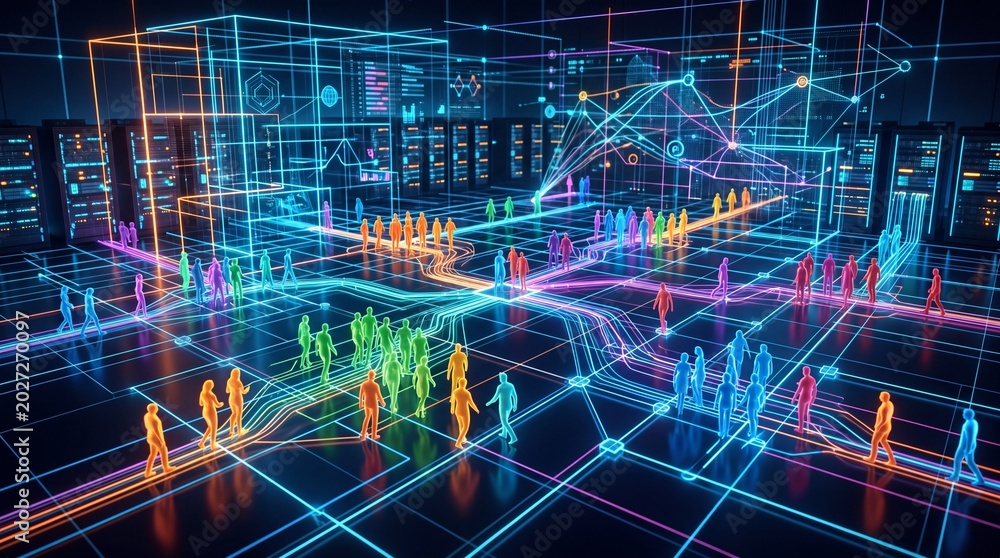 Fototapeta premium Futuristic digital landscape with people in vibrant neon colors and interconnected lines.