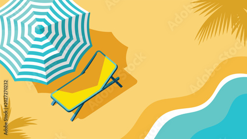 Top-down view of a beach scene with a striped umbrella lounge chair sand ocean waves vacation umbrella relaxation tropical