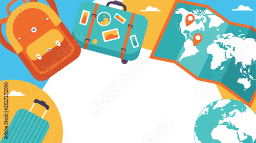 Travel essentials layout with backpack suitcase map globe on colorful background vector illustration vacation backpack suitcase