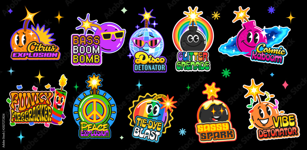 Fototapeta premium Dynamite bomb Y2K vintage stickers and TNT retro patch labels vector set. Groovy stickers of funny bombs with disco ball in sunglasses with funky face and rainbow wick or hippie peace sign
