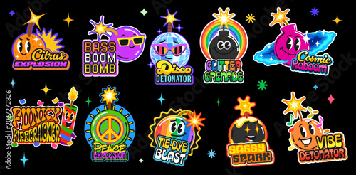 Fotografie Dynamite bomb Y2K vintage stickers and TNT retro patch labels vector set