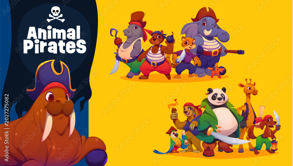Fototapeta premium Cartoon funny animal pirates and corsairs characters of Caribbean adventure. Animal pirates crew of elephant captain with panda corsair sailor and parrot skipper, giraffe boatswain and sloth seaman