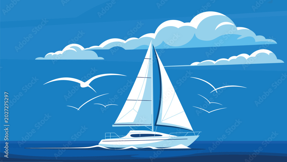 Naklejka premium Elegant white sailboat with full sails gliding on blue ocean water with clouds and flying seagulls vector illustration, sailboat