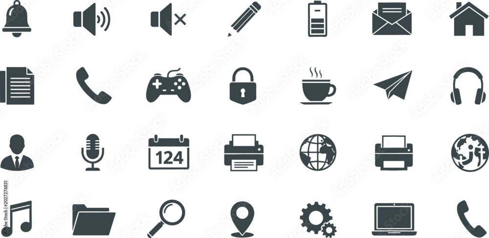 Fototapeta premium Flat Icon Collection Set with Communication, Technology, Multimedia, Office, and Business Symbols for Websites, Apps, and Digital Projects Designs