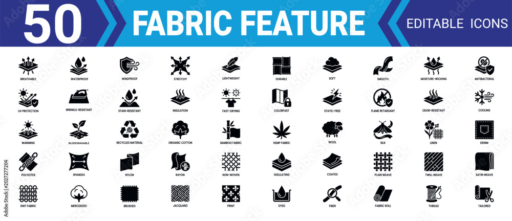 Foto Solid icon collection 50 editable vector fabric feature illustrations mega pack