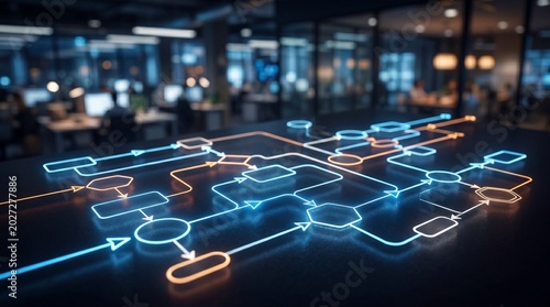 Futuristic neon flowchart on a desk in a modern office environment at night.
