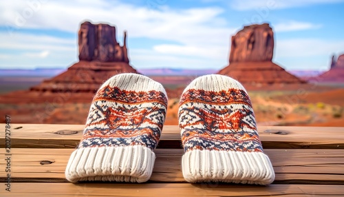 Pair of knitted patterned mittens resting on a wooden surface with a scenic desert landscape of rock formations under a blue sky